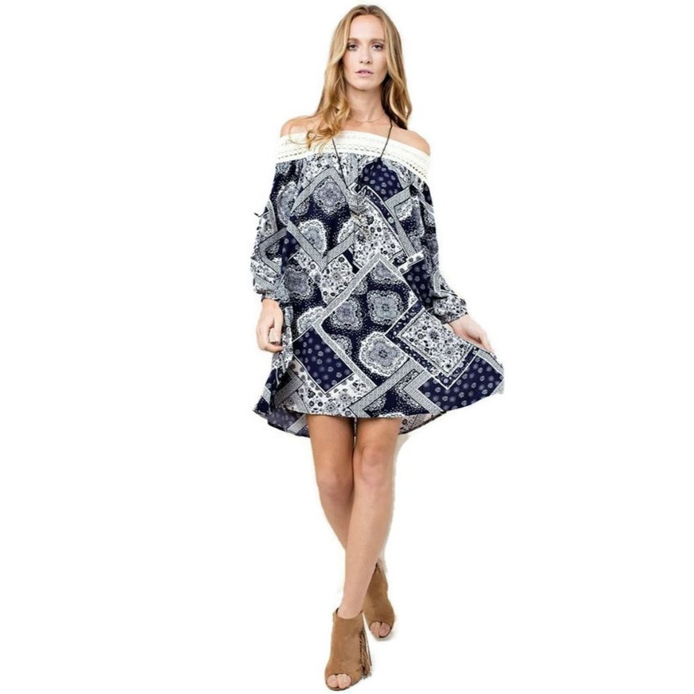 Kori America Batik Patchwork Off the Shoulder Dress, Sand